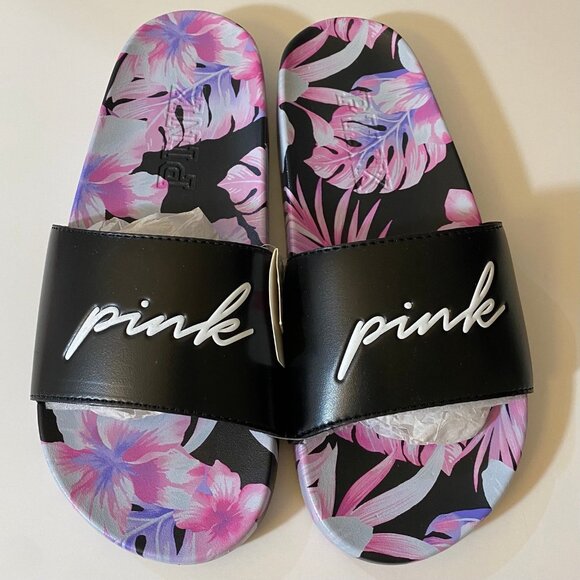 VS Pink M 7-8 Floral Print Logo Slides - Picture 1 of 10